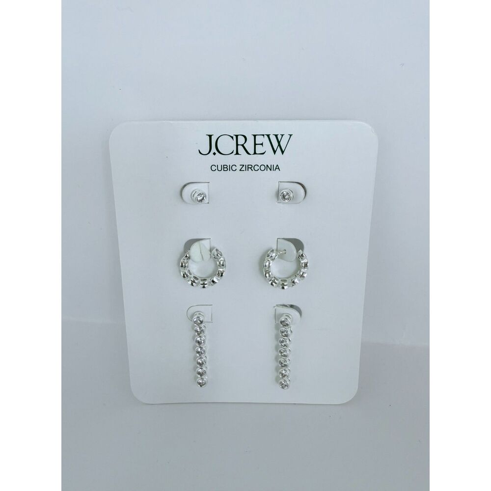 NWT J. Crew Dainty Cubic Zirconia Earrings Set of Three in Silver